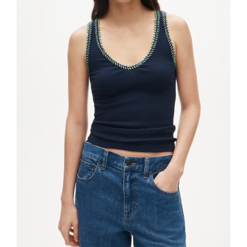 NEW J.Crew Perfect Rib V-Neck Tank Top Size XS Hand Stiched Pom Pom Trim Chic